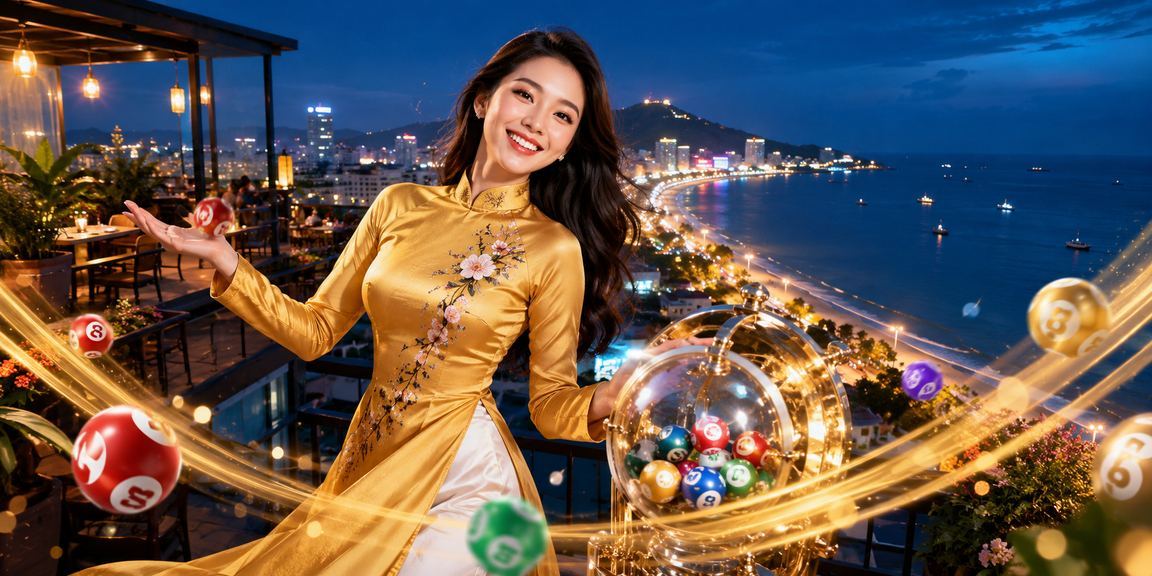 Khung cảnh Vũng Tàu với hình ảnh xổ số và trang phục áo dài truyền thống Việt Nam